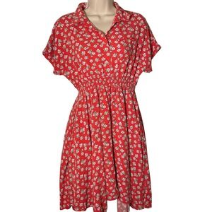Rio Red Floral Mini Shirt Dress with Pockets Size Large Smocked Cottagecore